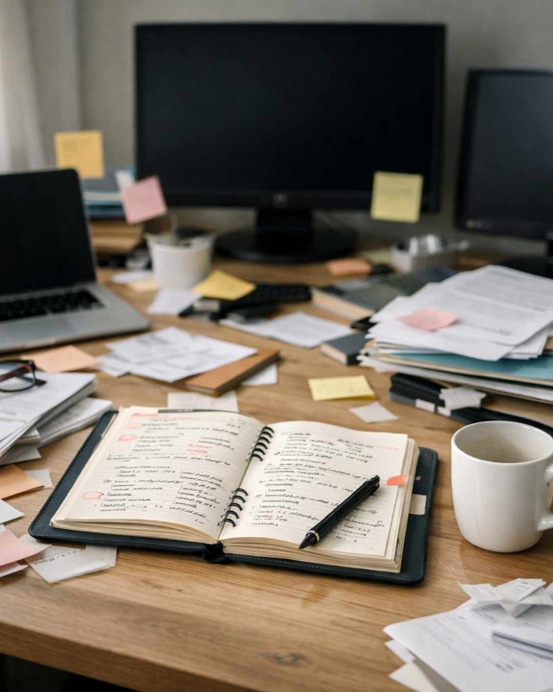 Escritorio desordenado con agenda abierta, taza vacía y ordenador apagado, simbolizando la saturación y falta de tiempo para gestionar las redes sociales de un negocio.